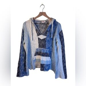 Faherty Baja Beach Poncho Hoodie Blue and White Striped Kangaroo Pocket Small